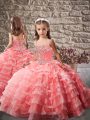Organza Brush Train Lace Up Little Girl Pageant Gowns in Watermelon Red with Beading and Ruffled Layers