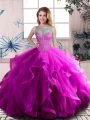 Purple Ball Gowns Scoop Sleeveless Tulle Floor Length Lace Up Beading and Ruffles Quinceanera Dresses