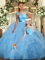 Sophisticated Lace and Ruffles Ball Gown Prom Dress Baby Blue Backless Sleeveless Floor Length