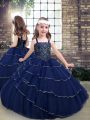 Best Navy Blue Lace Up Straps Beading Kids Formal Wear Tulle Sleeveless