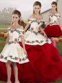 Custom Design Floor Length White And Red Quince Ball Gowns Tulle Sleeveless Embroidery and Ruffles