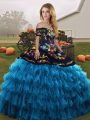 Gorgeous Blue And Black Sleeveless Organza Lace Up 15th Birthday Dress for Military Ball and Sweet 16 and Quinceanera