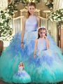 Charming High-neck Sleeveless Tulle Quinceanera Gowns Ruffles Backless