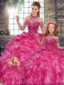 Fuchsia Quinceanera Dresses Military Ball and Sweet 16 and Quinceanera with Beading and Ruffles Halter Top Sleeveless Lace Up