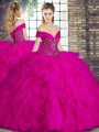 Sleeveless Tulle Floor Length Lace Up Vestidos de Quinceanera in Fuchsia with Beading and Ruffles