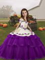 Embroidery and Ruffled Layers Kids Formal Wear Eggplant Purple Lace Up Sleeveless Floor Length