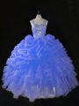 Blue Organza Zipper Sweet 16 Dresses Sleeveless Floor Length Beading and Ruffles