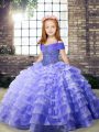 Sleeveless Organza Brush Train Lace Up Little Girl Pageant Dress in Lavender with Beading and Ruffled Layers