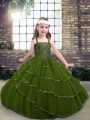 On Sale Sleeveless Tulle Floor Length Lace Up Pageant Dress in Olive Green with Beading and Ruffled Layers