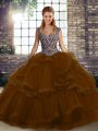 Brown Straps Lace Up Beading and Ruffles Quinceanera Dresses Sleeveless