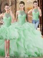 Halter Top Sleeveless Organza Vestidos de Quinceanera Beading and Ruffles Brush Train Lace Up