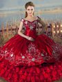 High Class Red Sweet 16 Dresses Sweet 16 and Quinceanera with Embroidery and Ruffled Layers Off The Shoulder Sleeveless Lace Up