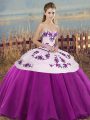 Glamorous Tulle Sweetheart Sleeveless Lace Up Embroidery and Bowknot 15 Quinceanera Dress in White And Purple