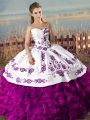 Vintage White And Purple Lace Up Sweetheart Embroidery and Ruffles Sweet 16 Dresses Sleeveless