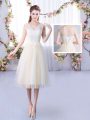 Modern Champagne Empire Tulle V-neck Sleeveless Lace Tea Length Lace Up Dama Dress