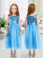 Hot Selling Organza Sleeveless Tea Length Flower Girl Dress and Sequins and Hand Made Flower