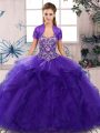 Custom Fit Purple Ball Gowns Off The Shoulder Sleeveless Tulle Floor Length Lace Up Beading and Ruffles 15 Quinceanera Dress