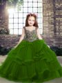 Enchanting Sleeveless Tulle Floor Length Lace Up Glitz Pageant Dress in Green with Beading and Ruffles
