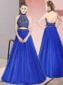 Hot Selling Tulle Halter Top Sleeveless Backless Beading Prom Evening Gown in Royal Blue
