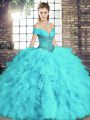 Floor Length Lace Up 15th Birthday Dress Aqua Blue for Military Ball and Sweet 16 and Quinceanera with Beading and Ruffles