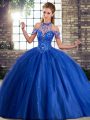 Cute Sleeveless Beading Lace Up Sweet 16 Dress with Royal Blue Brush Train