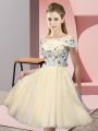 Adorable Gold Short Sleeves Tulle Lace Up Bridesmaid Gown for Wedding Party