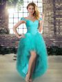 Aqua Blue A-line Beading and Ruffles Evening Dress Lace Up Tulle Sleeveless High Low