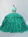 Best Zipper Quinceanera Dresses Turquoise for Sweet 16 and Quinceanera with Beading and Ruffles Brush Train