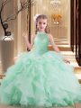 Cheap Sleeveless Tulle Floor Length Lace Up Little Girls Pageant Dress in Apple Green with Beading and Ruffles