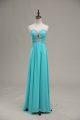 Floor Length Lace Up Prom Gown Aqua Blue for Prom and Military Ball with Beading and Ruching