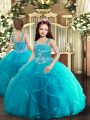 Baby Blue Sleeveless Floor Length Beading and Ruffles Lace Up Little Girls Pageant Gowns