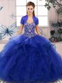 Off The Shoulder Sleeveless Tulle Ball Gown Prom Dress Beading and Ruffles Lace Up