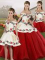 Extravagant White And Red Lace Up Ball Gown Prom Dress Embroidery Sleeveless Floor Length