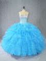 Beautiful Aqua Blue Sleeveless Organza Lace Up Quince Ball Gowns for Sweet 16 and Quinceanera