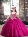 Beading Little Girls Pageant Gowns Fuchsia Lace Up Sleeveless Floor Length