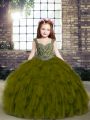 Olive Green Sleeveless Beading and Ruffles Floor Length Pageant Dress for Girls