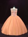 Peach Ball Gowns Scoop Sleeveless Tulle Floor Length Lace Up Beading Quinceanera Dress