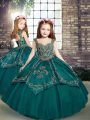 Teal Little Girls Pageant Gowns Military Ball and Sweet 16 and Wedding Party with Beading and Embroidery Straps Sleeveless Lace Up