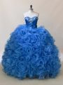 Ideal Blue Fabric With Rolling Flowers Lace Up Sweetheart Sleeveless Floor Length Quinceanera Dresses Ruffles and Sequins