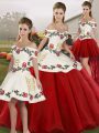 Off The Shoulder Sleeveless Lace Up Quinceanera Dress White And Red Organza