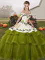 Embroidery and Ruffled Layers Quinceanera Dresses Olive Green Lace Up Sleeveless Brush Train