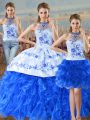 Elegant Blue And White Quinceanera Dress Sweet 16 and Quinceanera with Embroidery and Ruffles Halter Top Sleeveless Lace Up