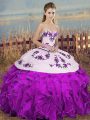 Fashionable Floor Length White And Purple Ball Gown Prom Dress Organza Sleeveless Embroidery and Ruffles and Bowknot