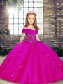 Fuchsia Ball Gowns Straps Sleeveless Tulle Floor Length Lace Up Beading Girls Pageant Dresses