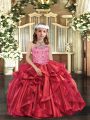 Floor Length Lace Up Pageant Gowns For Girls Red for Party and Sweet 16 and Wedding Party with Beading and Ruffles
