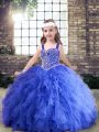 Blue Straps Neckline Beading and Ruffles Kids Formal Wear Sleeveless Lace Up