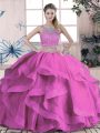 Lilac Lace Up Scoop Beading and Lace and Ruffles 15th Birthday Dress Tulle Sleeveless