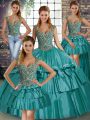 Pretty Teal Lace Up Straps Beading and Ruffled Layers 15 Quinceanera Dress Taffeta Sleeveless