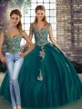 Peacock Green Sleeveless Tulle Lace Up Quinceanera Dress for Military Ball and Sweet 16 and Quinceanera