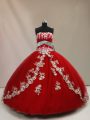 Spectacular Sleeveless Tulle Floor Length Lace Up Quince Ball Gowns in Red with Appliques